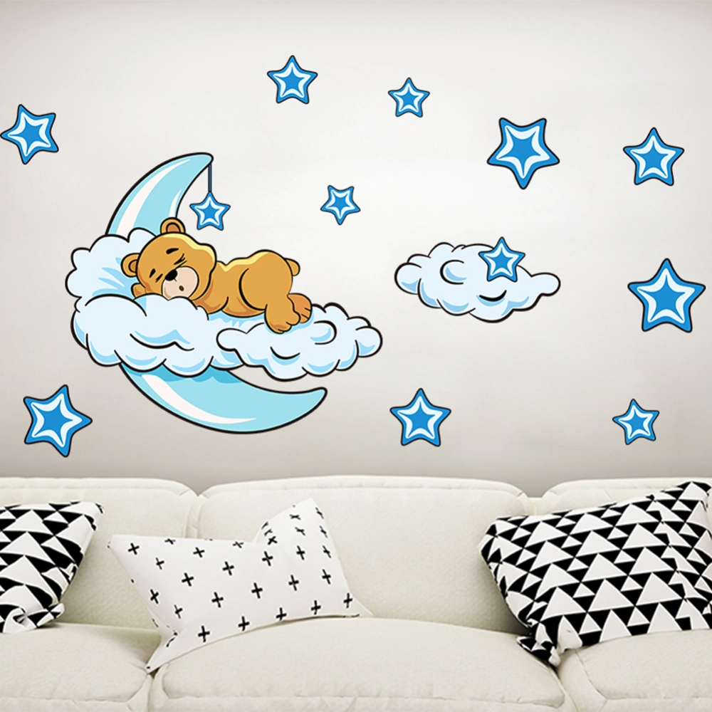 Wall Stickers Cute Bear with Clouds Moon Stars Wall Decals for Children Bedroom