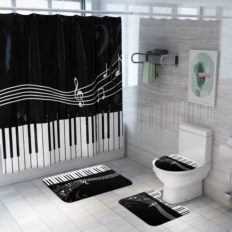 Black White Piano Printing Bathroom Shower Curtain and Mats Set