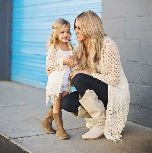 Parent-child Long Sleeve Crochet Lace Tassel Cardigan + White Vest