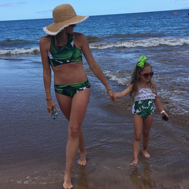 Mommy and Me Matching 2PCS Bikini, Summer Leaves Printed Swimwear