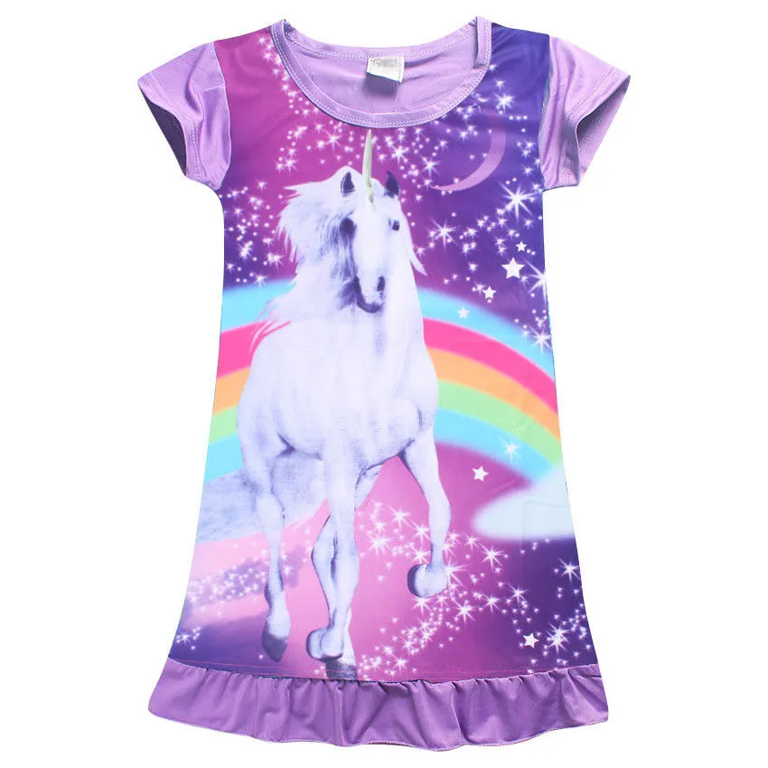 Little Girls Summer Pajama Dress, Cartoon Cute Unicorn Pattern Nightwear