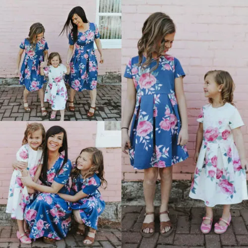 Floral Mother Daughter Matching Dress, Short Sleeve O Neck Girl