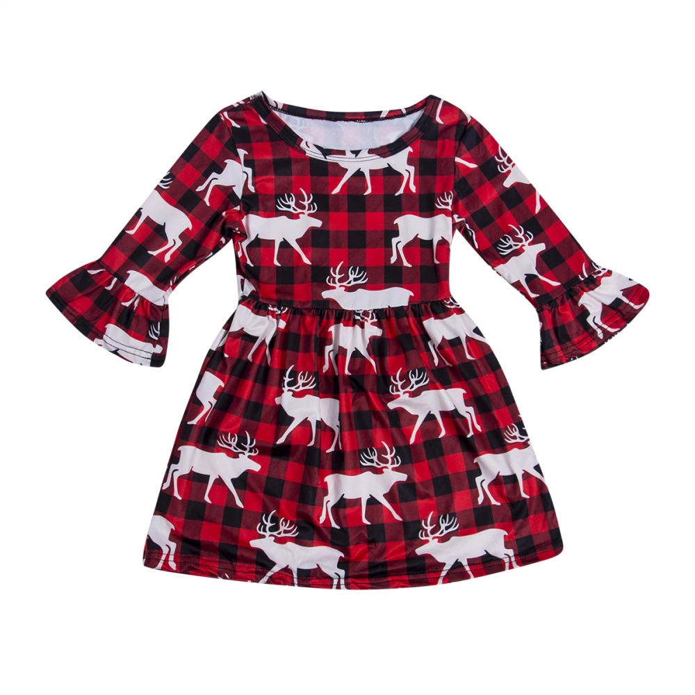 Girl's Dress, Cute Cartoon Deer Print Flared Sleeve Round Neck Dress