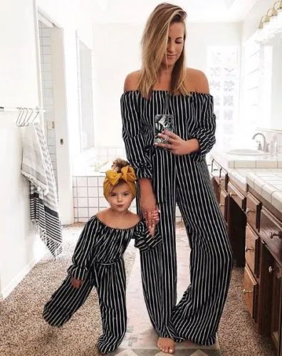 Mother Daughter Stripe Printing Jumpsuit, Loose Off-shoulder Clothing