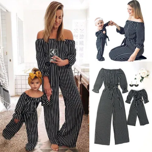 Mother Daughter Stripe Printing Jumpsuit, Loose Off-shoulder Clothing