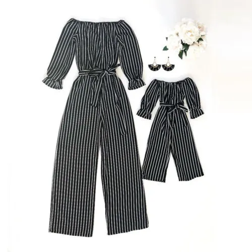 Mother Daughter Stripe Printing Jumpsuit, Loose Off-shoulder Clothing