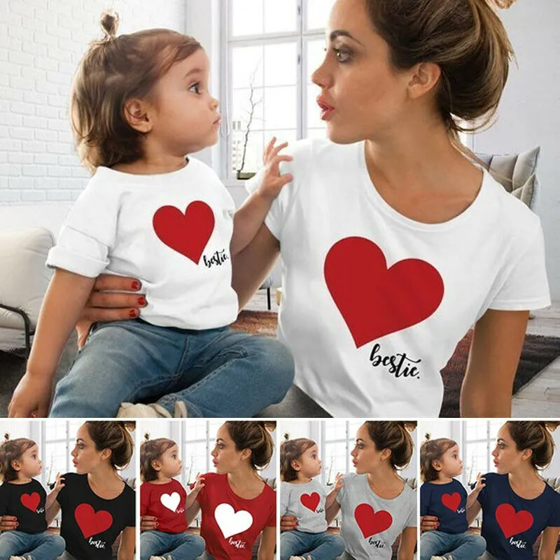 Parent-child Casual T-shirt, Round Collar Short Sleeve Heart Print Top