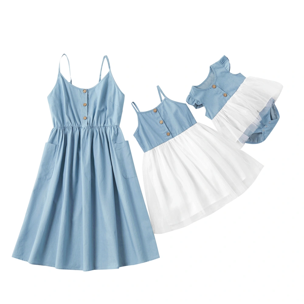 Mommy and Me Dresses Casual Blue Sleeveless Buttons Sundress