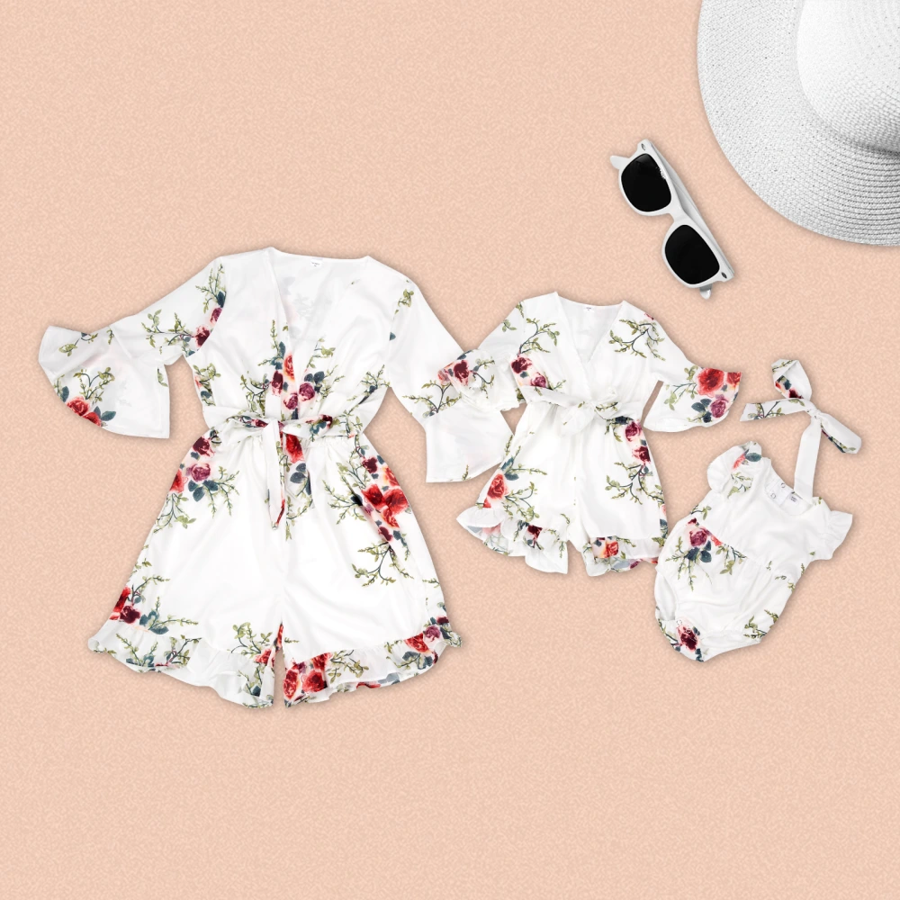 Family Matching Romper Pajamas, Women Girl Flower Ruffle Sleep Romper