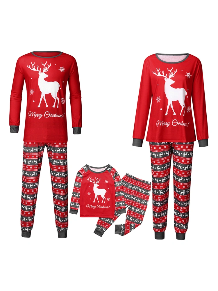 Family Matching Red Long Sleeve Sleepwear Tops + Elk Print Pants