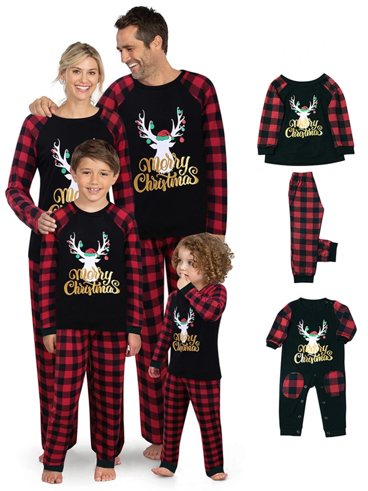 Family Matching Christmas Pajamas Cartoon Deer Letter Plaid Sleepwear