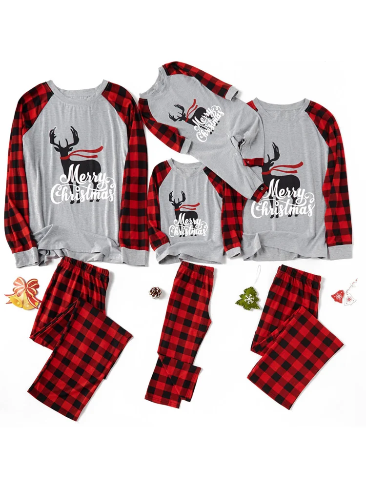 Matching Family Christmas Pajamas Set Reindeer Print Tops Plaid Pants