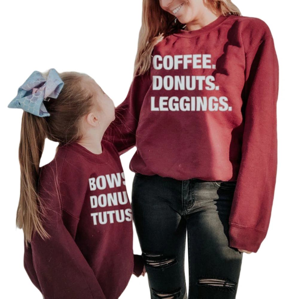 Mother & Daughter Autumn Pullover Wine Red Long Sleeve Letter Tops