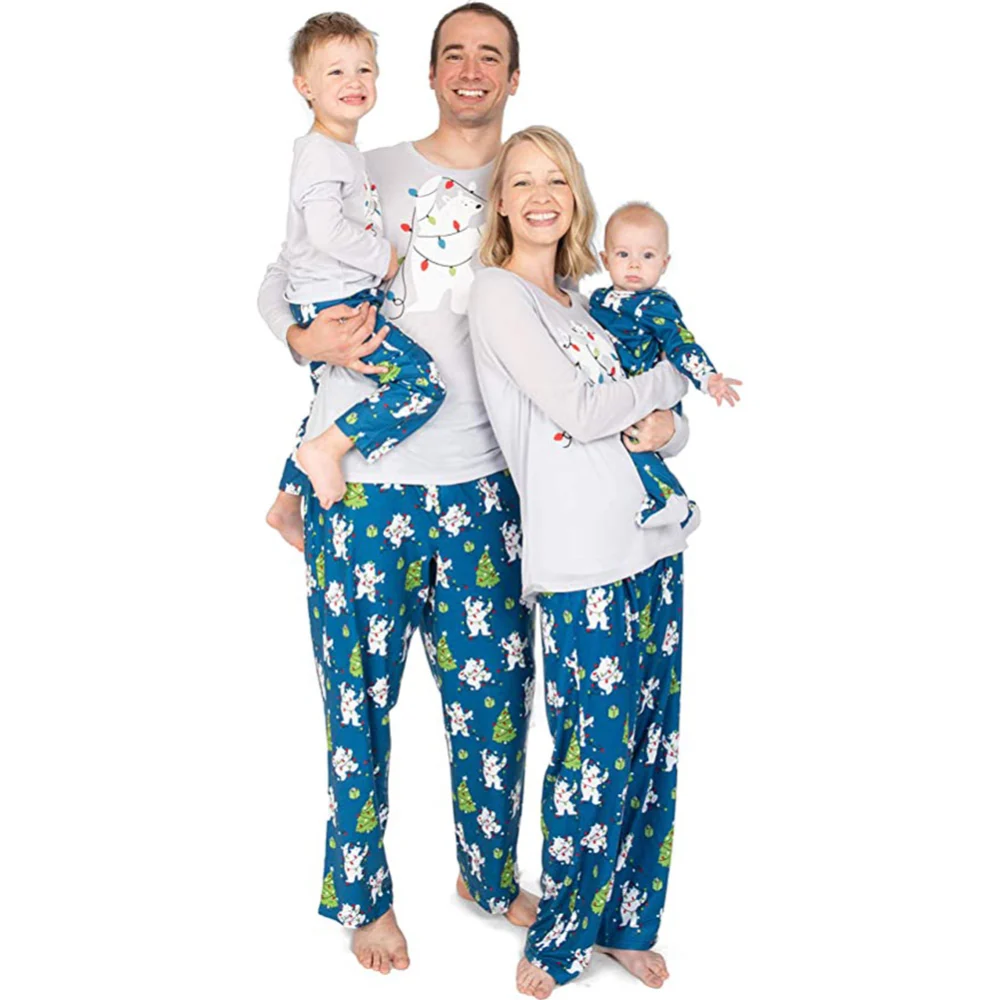 Family Pajama Matching Set Polar Bears Cartoon Tops Pants Sleepwear