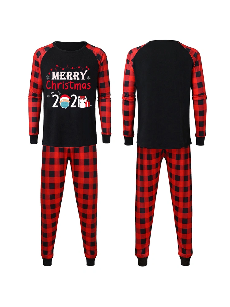 Christmas Letter Print Parent-child Wear, Black and Red Plaid Pants Home Suit