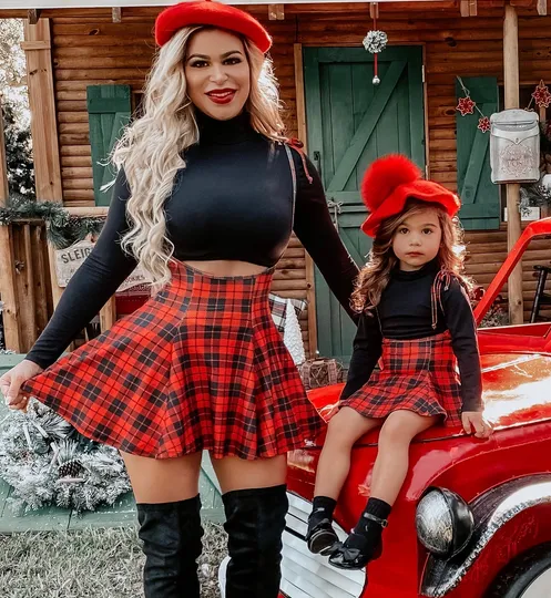 Fashion Mom and Girl Plaid Shoulder Lace-Up Parent-child Skirt