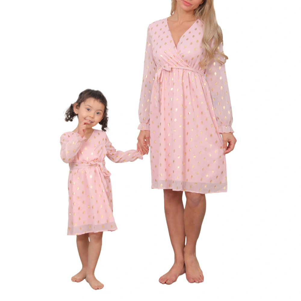 Parent-child Long Sleeve Dress, V-neck One-piece for Women/ Girls