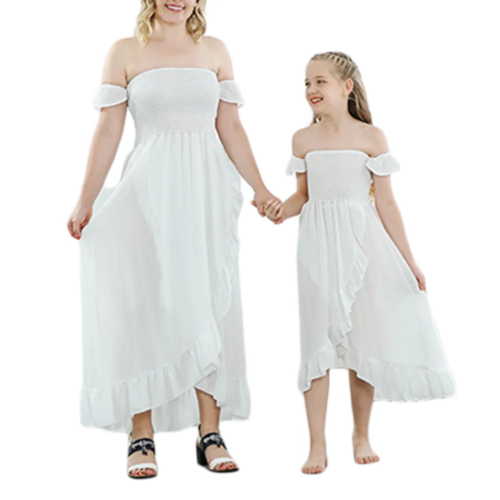 Parent-child Matching Dress, Solid Color Off-shoulder Long Dress