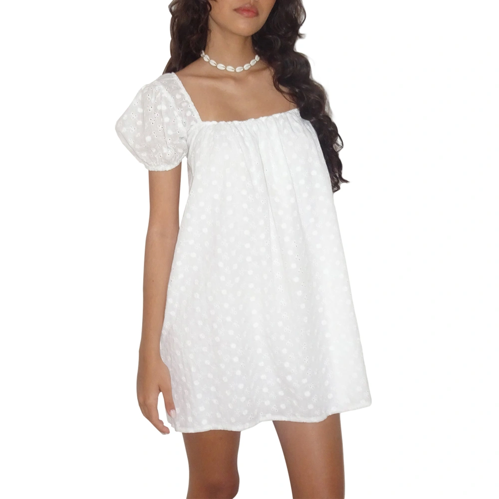 Women's Summer Mini Dress Short Puff Sleeve Solid Color Eyelet Dress