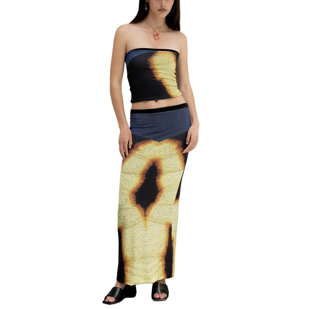 Women 2 Piece Summer Outfits Tie-Dye Print Bandeau and Long Skirt