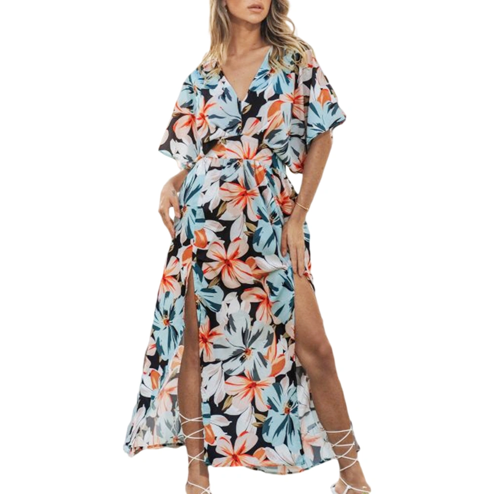 Women Summer Casual Long Dress Flower Print V-Neck Boho Dress