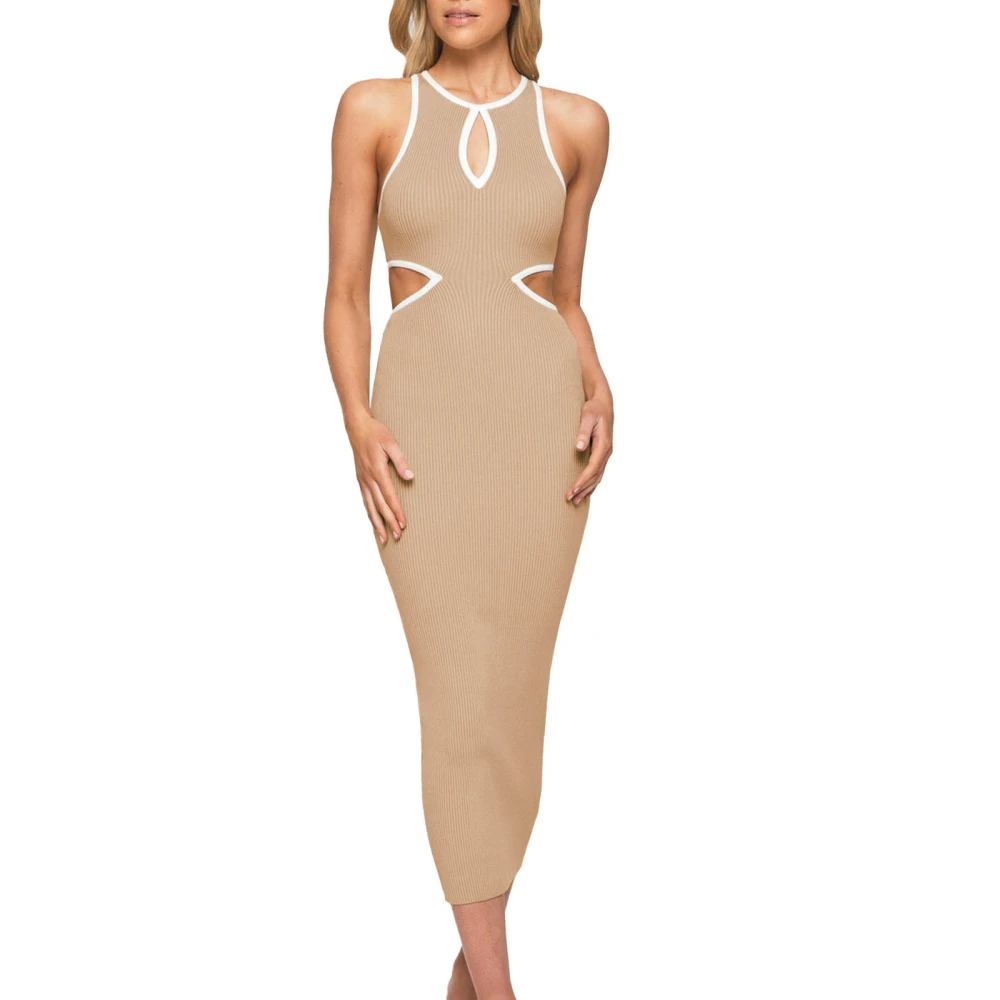 Women Long Dress Sleeveless Crew Neck Hollowed Patchwork Bodycon Dress