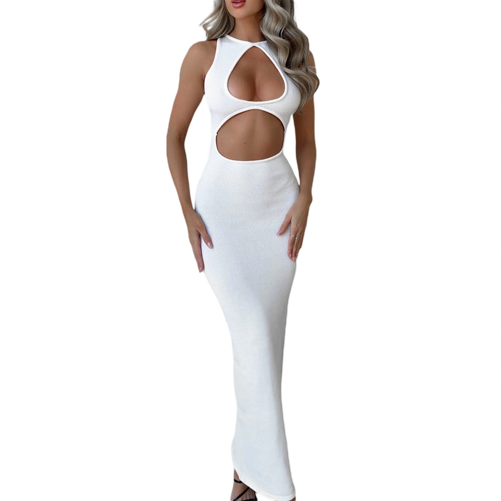 Women's White Sleeveless Open Back Hollow Out Long Evening Dresses