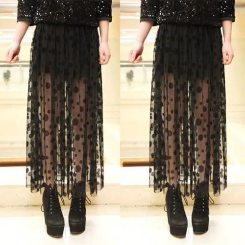 Women Long Skirt, Wave Points Pattern High Waist Sheer Skirts