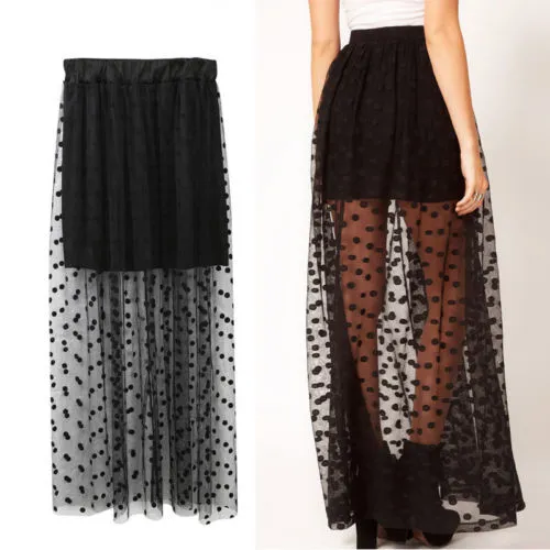 Women Long Skirt, Wave Points Pattern High Waist Sheer Skirts