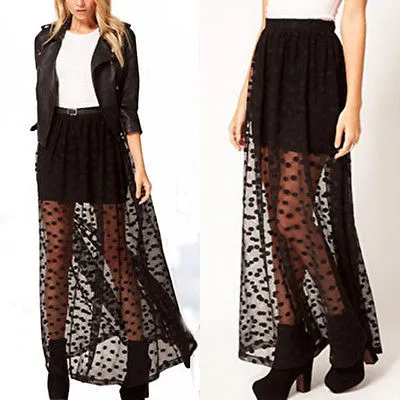 Women Long Skirt, Wave Points Pattern High Waist Sheer Skirts