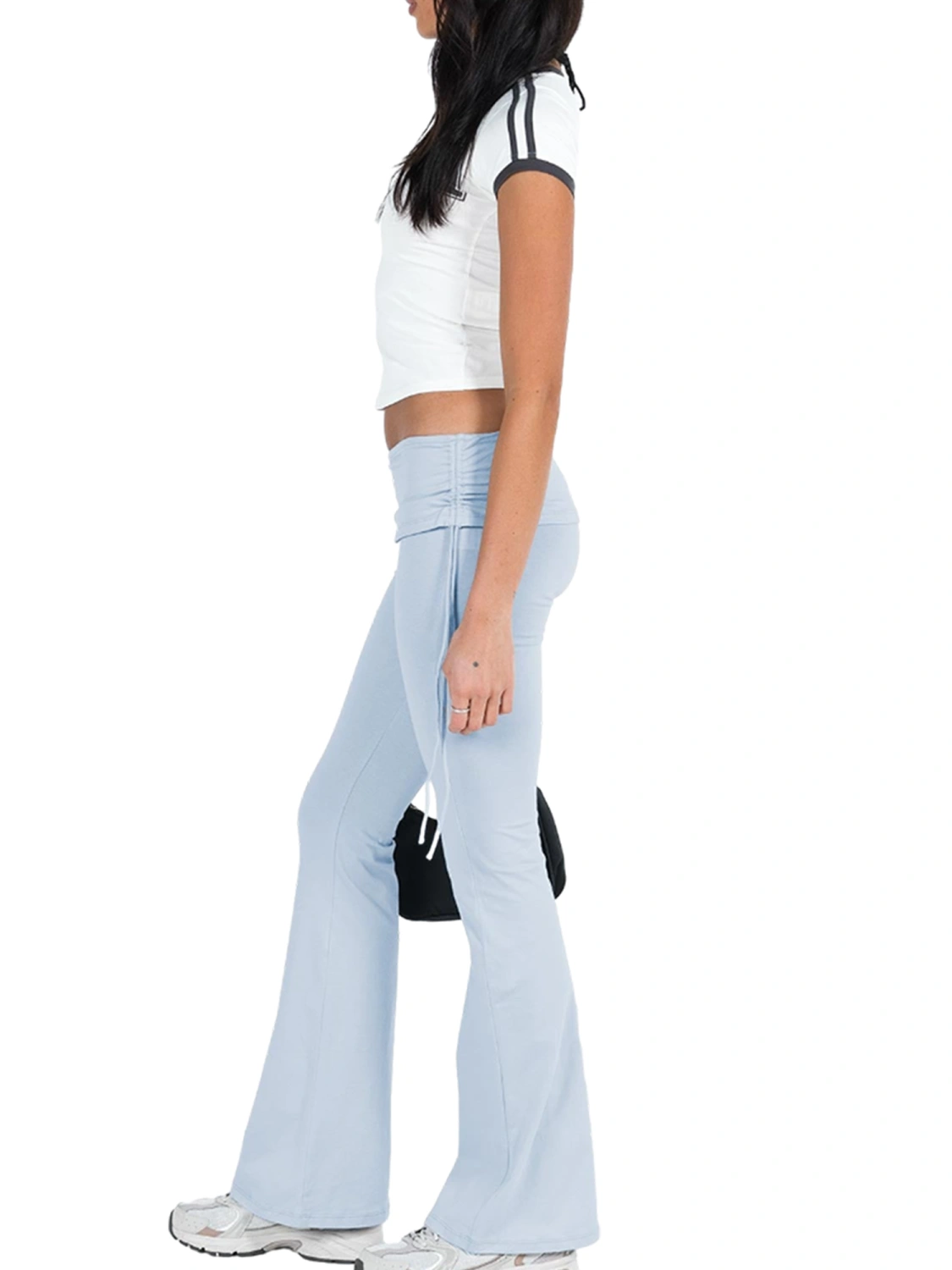 Women Flare Pants Solid Color Drawstring Low Waist Slim Trousers