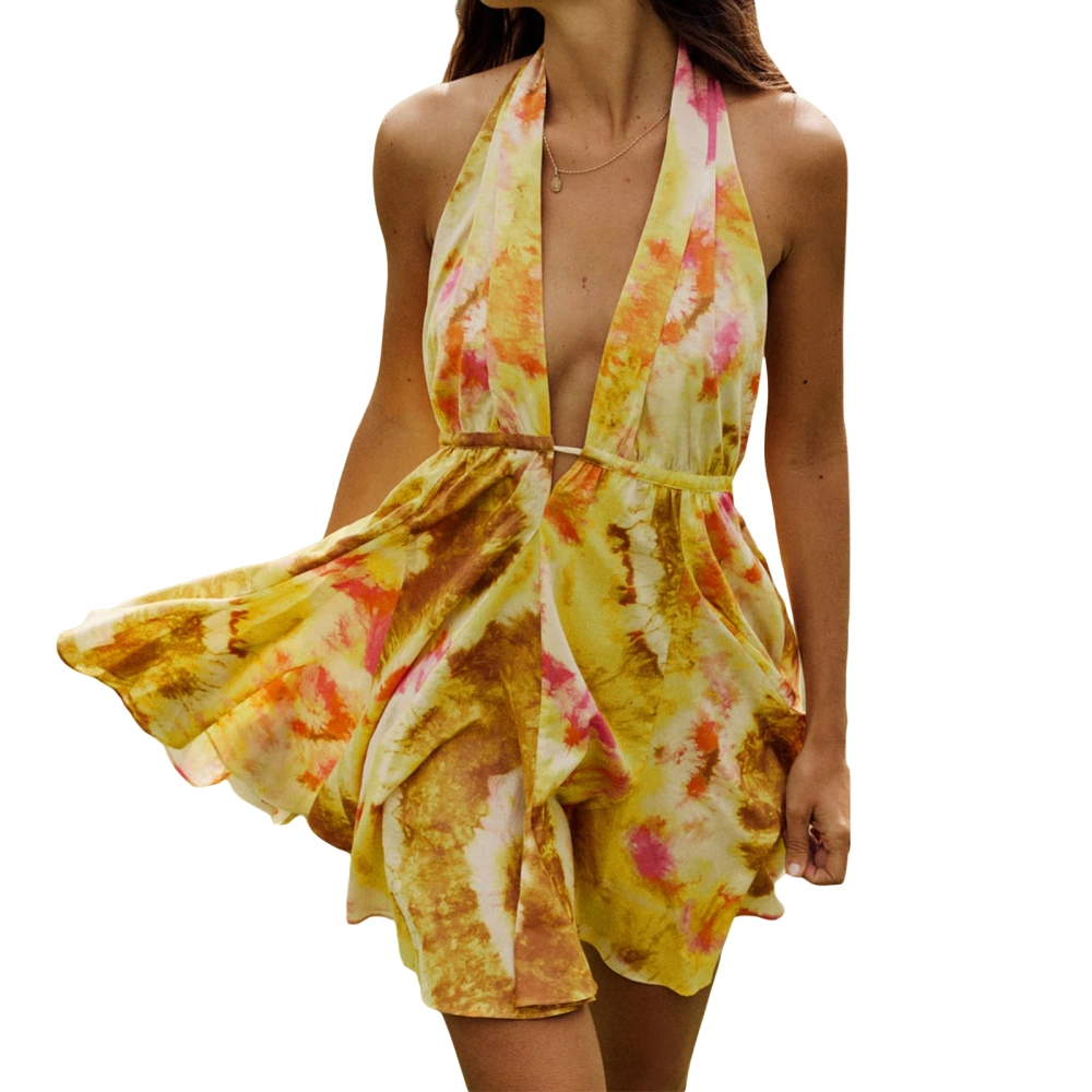 Women Mini Dress, Halterneck Backless Tie-dye Print A-line Dress