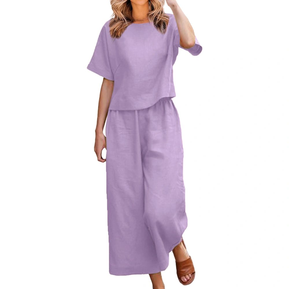 Women Pants Set, Short Sleeve Crew Neck T-shirt with Wide Leg Pants