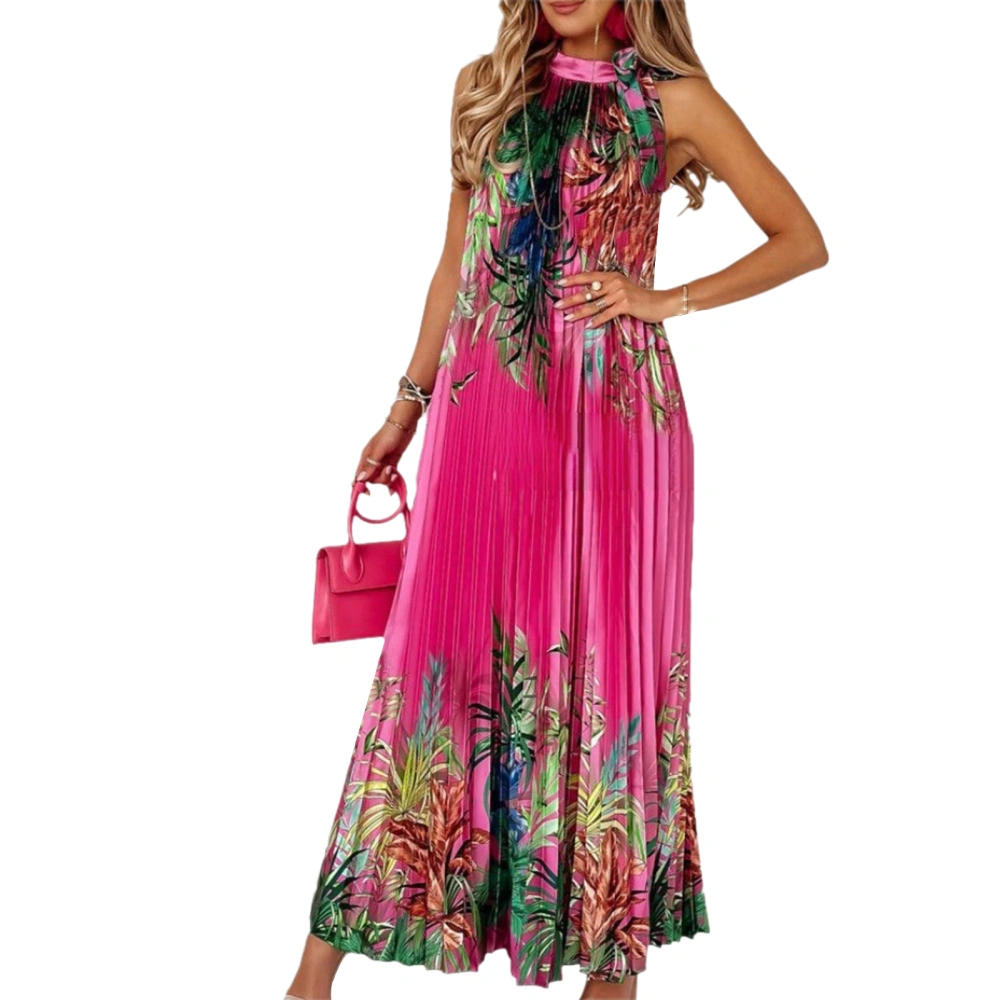 Women Long Dress, Sleeveless Pleated Plants Print Vacation Swing Dress