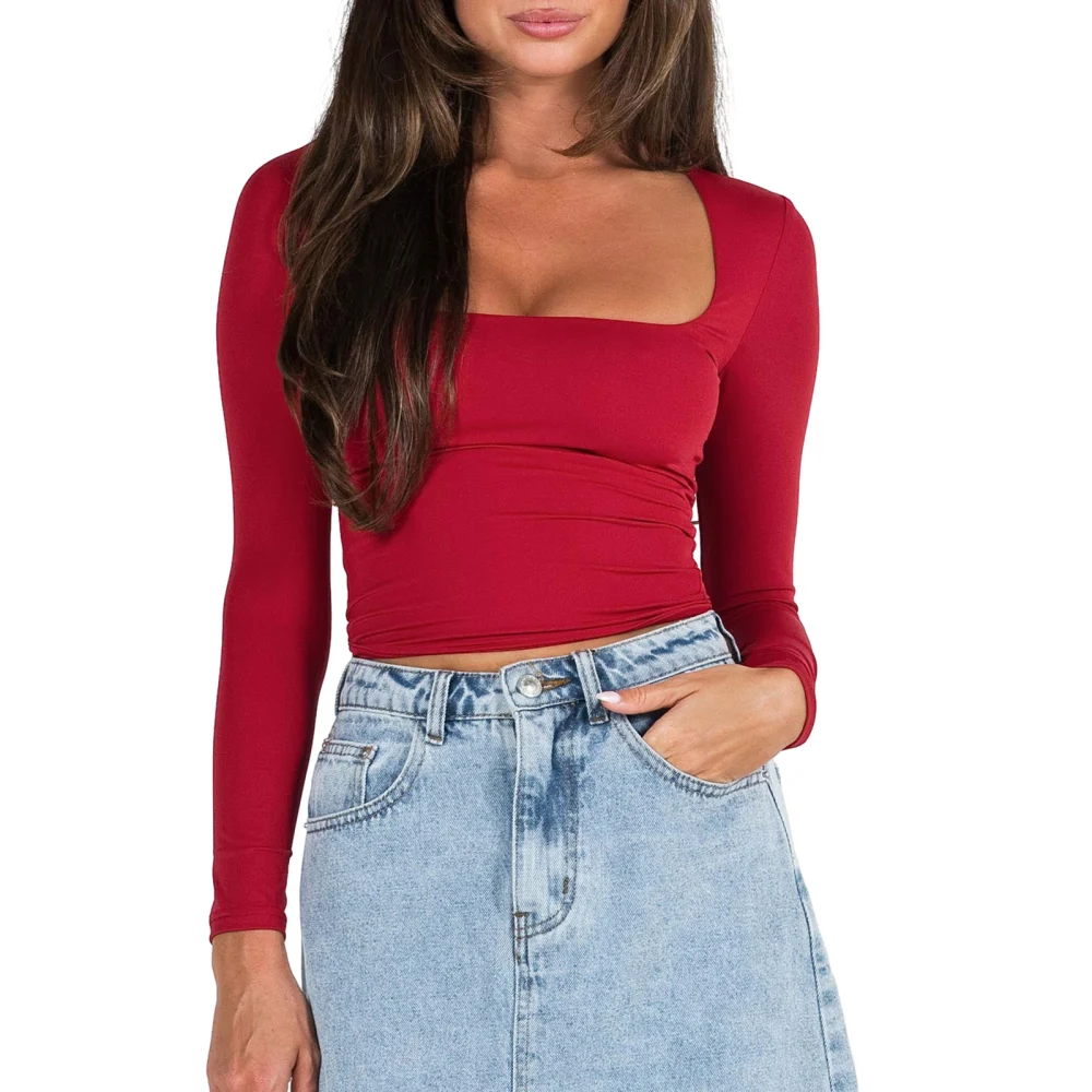 Women's Slim Fit Crop Tops Long Sleeve Square Neck Solid Color T-Shirt