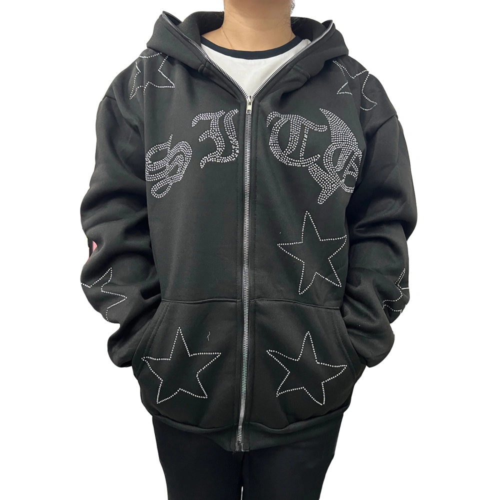 Women Long Sleeve Rhinestone Stars Pattern Print Gothic Zip Up Hoodie