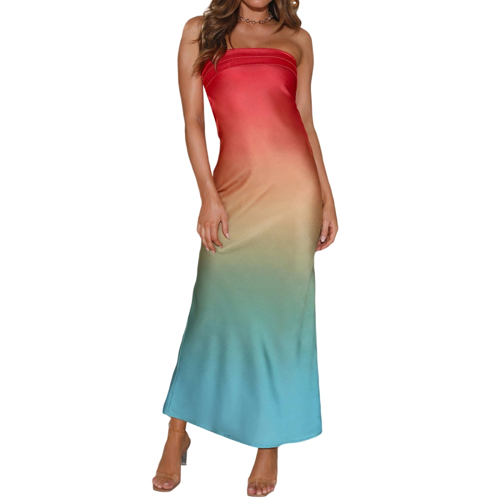 Women Strapless Dress Gradient Backless Bandeau Party Long Dress 