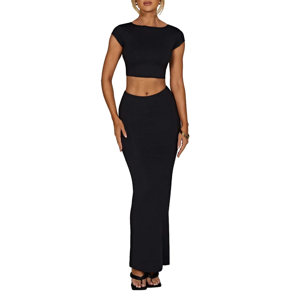 Women 2 Piece Outfits Backless Capped Sleeve Tops and Bodycon Skirt