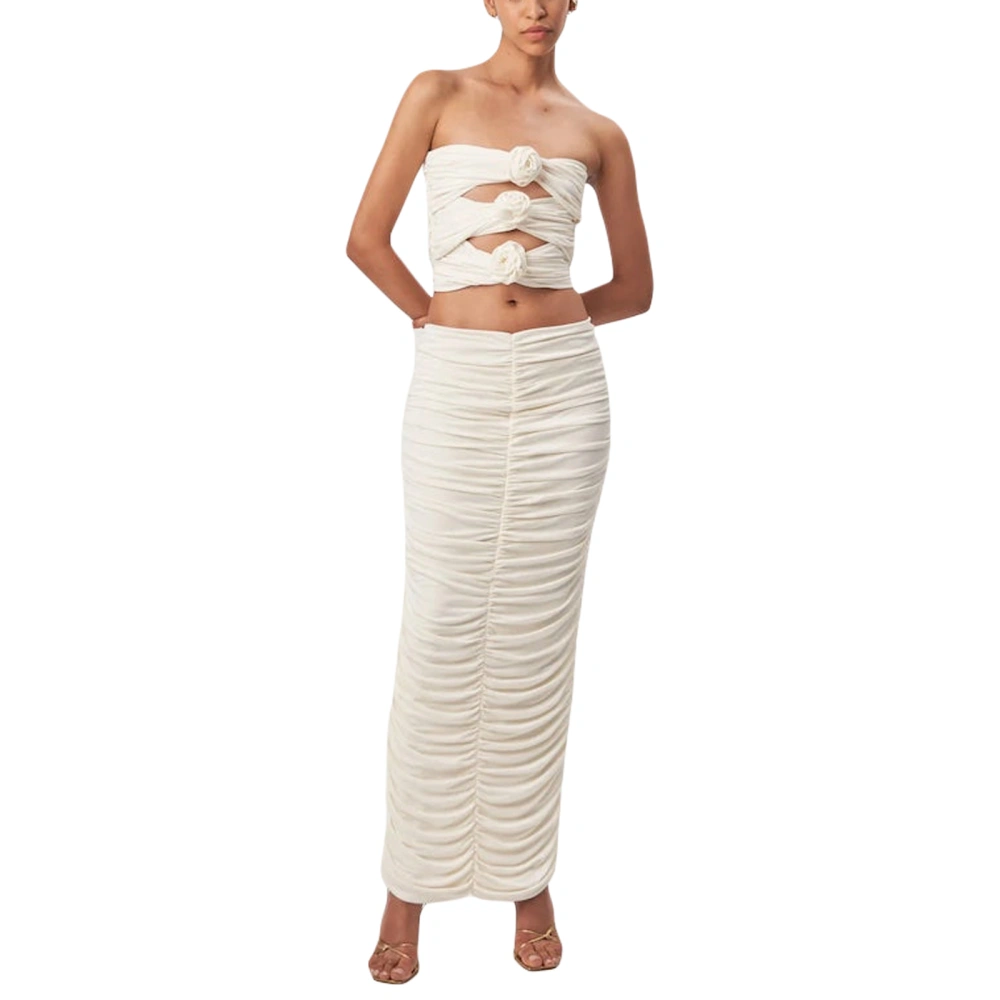 Women's White Flower Decor Tube Tops Long Ruched Bodycon Skirt Set