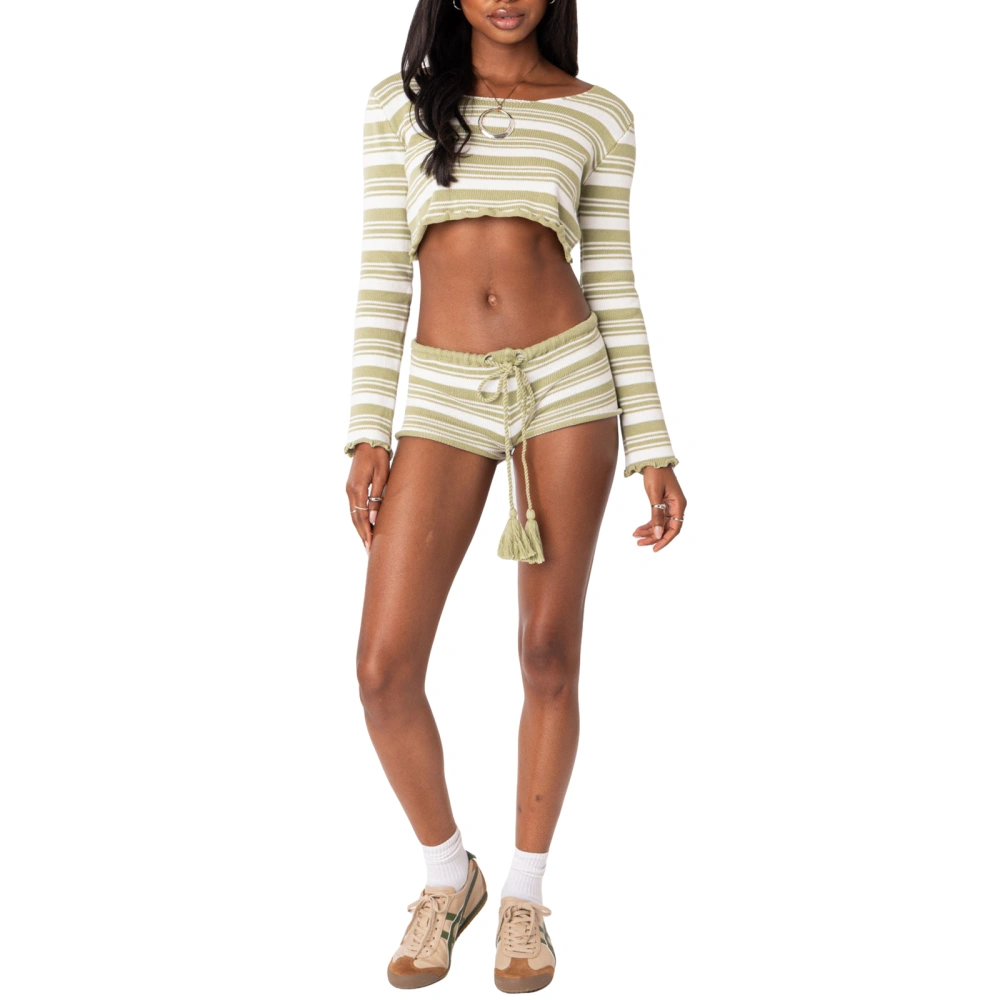 Women Summer Two Piece Knit Striped Crop Tops and Shorts Set