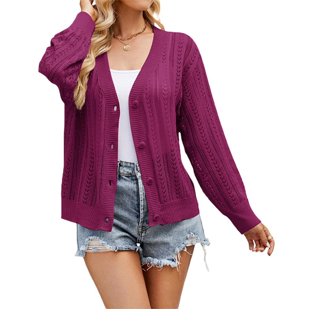 Women's Spring Long Sleeve V Neck Button Down Knit Hollow Cardigan