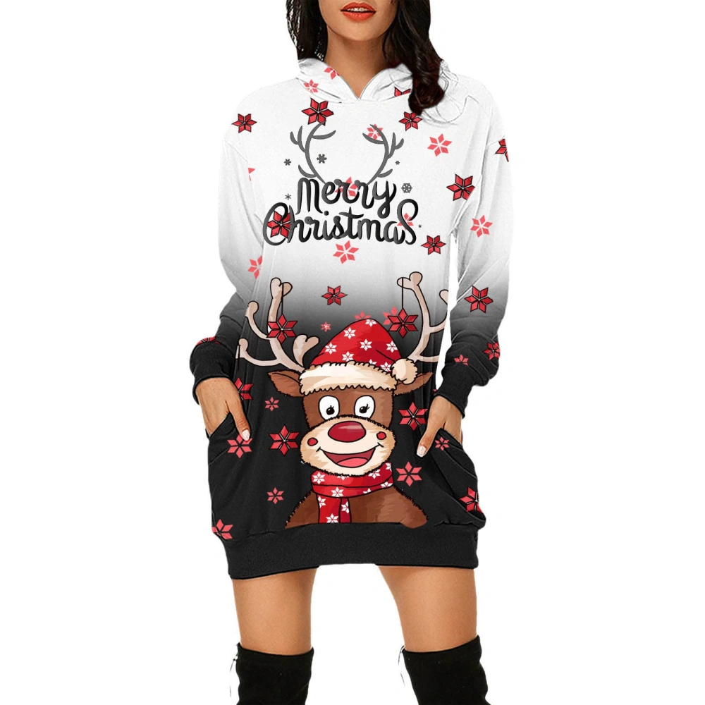 Women's Christmas Hoodie Dress Long Sleeve Elk Print Sweatshirt