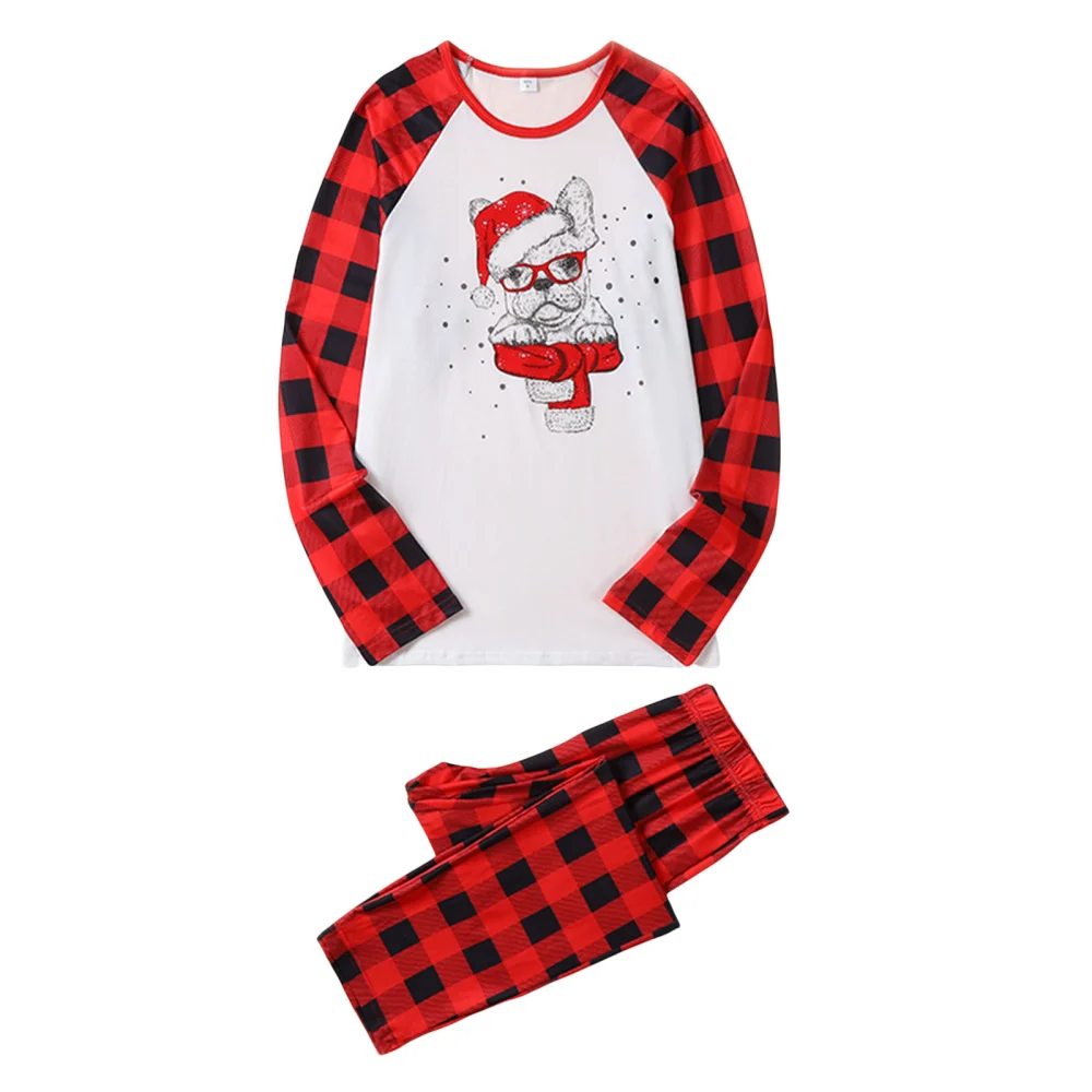 Family Matching Long Sleeve Santa Claus Print Tops + Plaid Pants