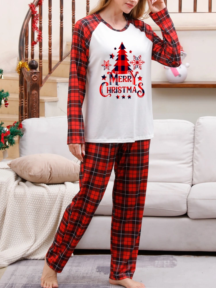 Christmas Pajamas for Family Snowflake Tree Print Tops + Plaid Pants