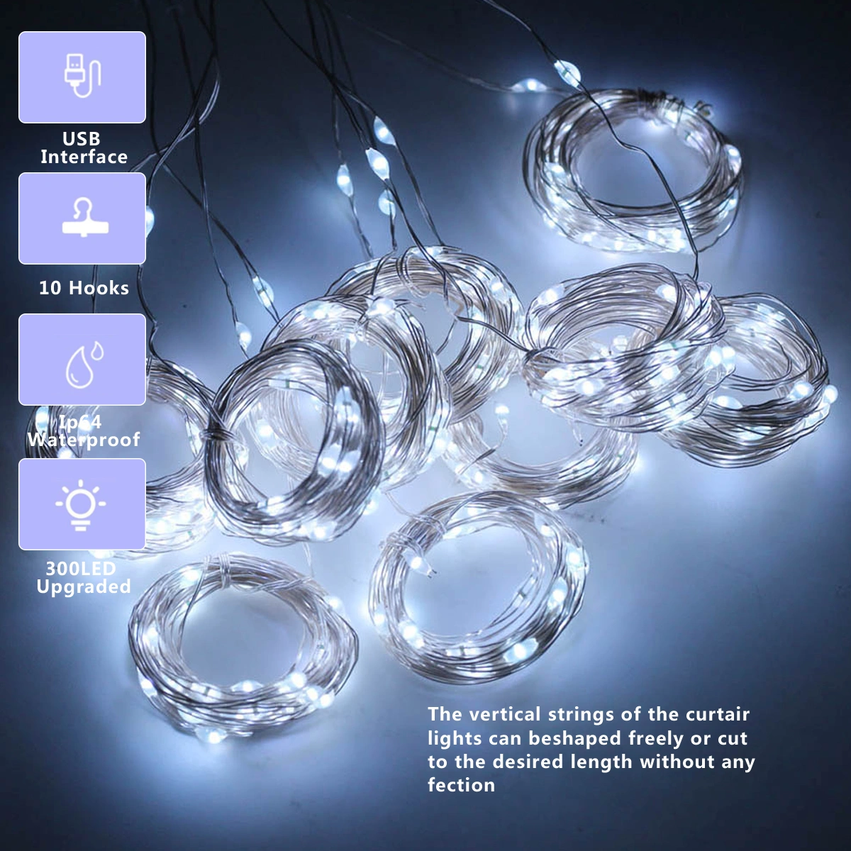Curtain String Lights 300 LED Curtain Fairy Lights with 8 Modes Remote Control