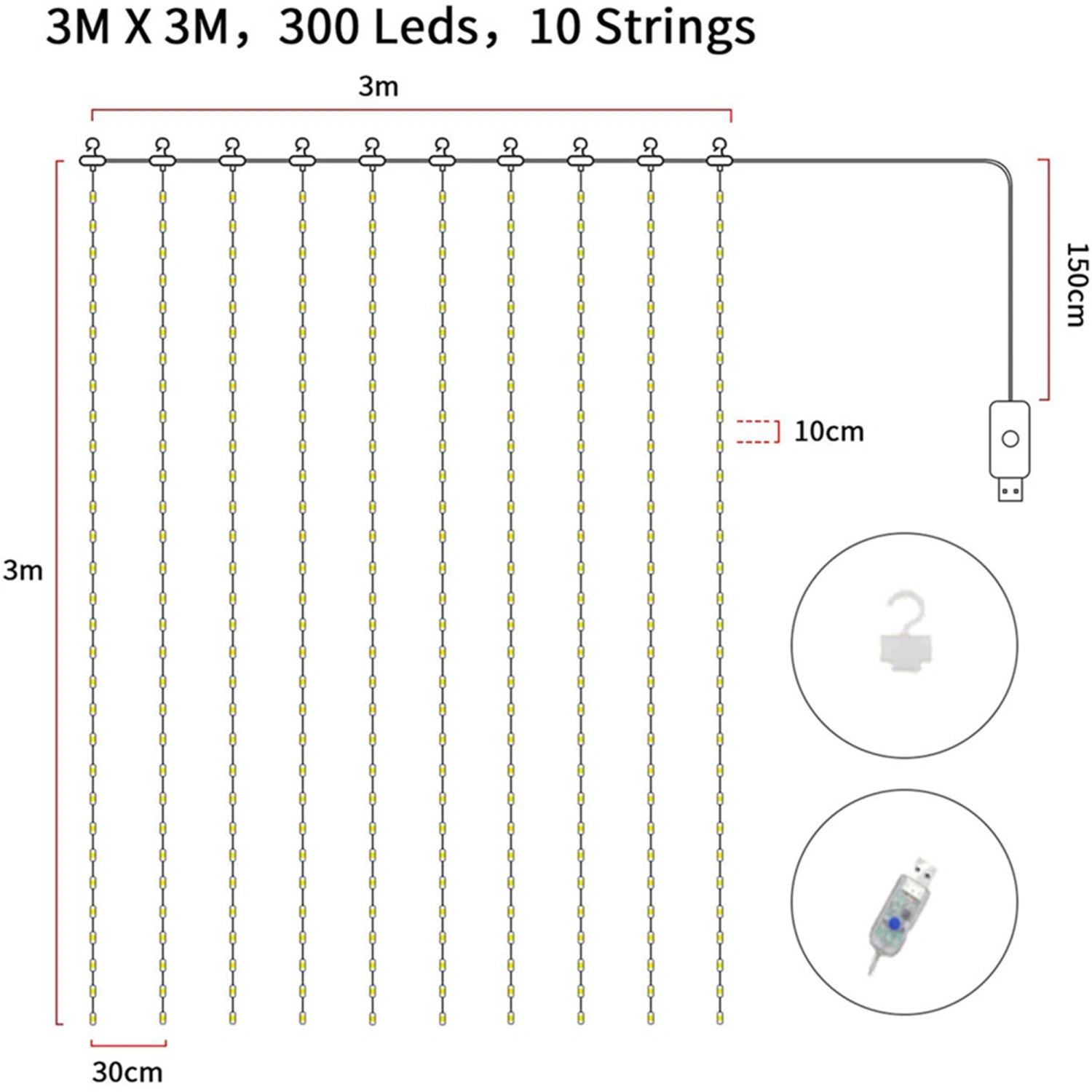Curtain String Lights 300 LED Curtain Fairy Lights with 8 Modes Remote Control