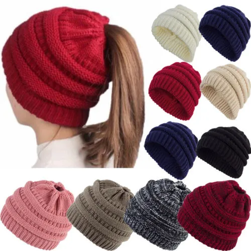 Women Winter Cable Knitted Hat Warm Loose Soft Ponytail Beanie Headwear