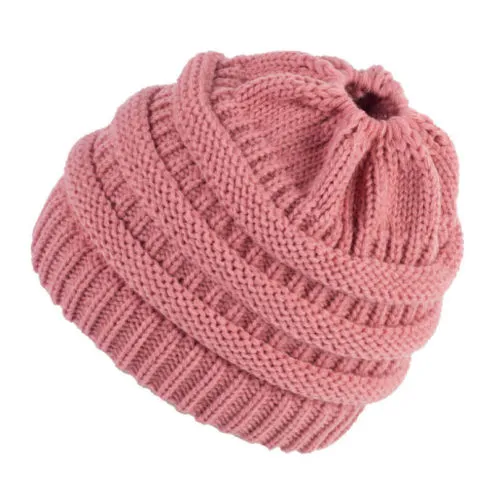 Women Winter Cable Knitted Hat Warm Loose Soft Ponytail Beanie Headwear