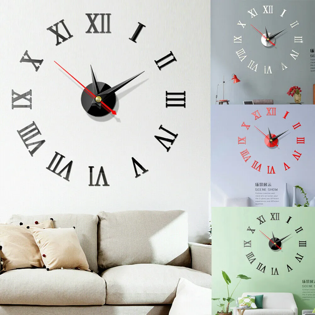 Modern DIY Interior Roman Wall Clock,3D Home Mirror Effect Sticker