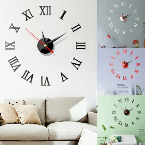 Modern DIY Interior Roman Wall Clock,3D Home Mirror Effect Sticker